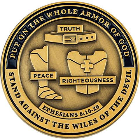 Front: Belt, breastplate, and shoes, with text "Put on the whole armor of God" / "Stand against the wiles of the devil" / "Truth" / "Peace" / "Righteousness" / "Ephesians 6:10-20"