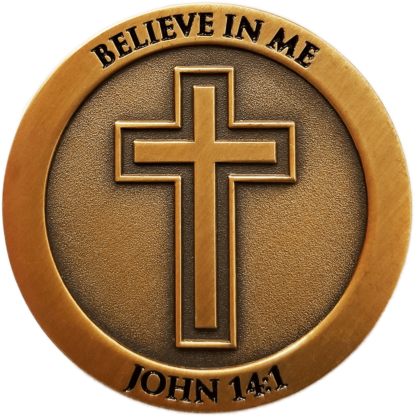 Front: Cross, with text, "Believe in Me" / "John 14:1"