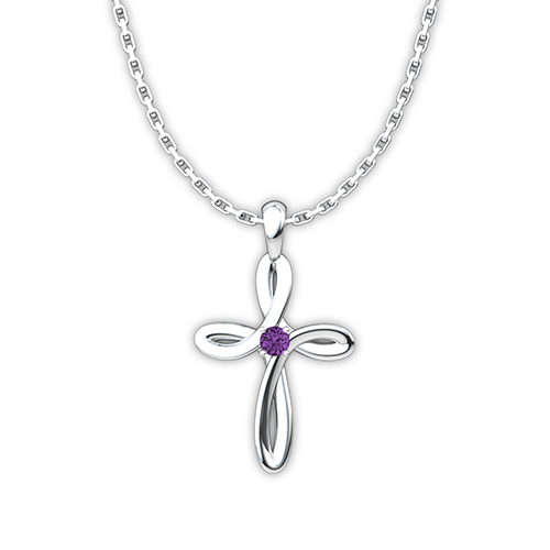 February Amethyst Birthstone Swirl Cross Sterling Silver Pendant Necklace - With 18" Sterling Silver Chain
