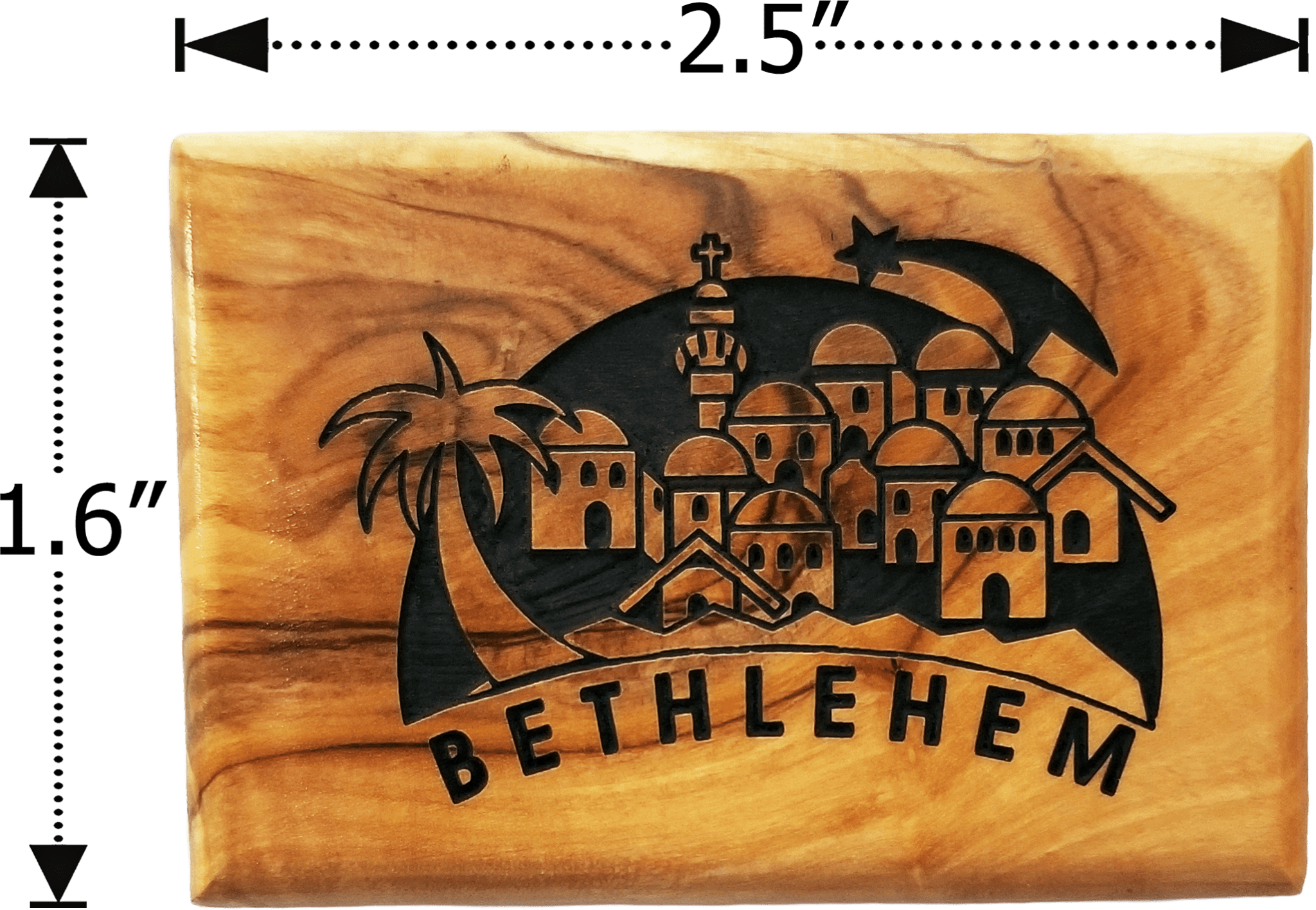 Bethlehem City and Star Horizontal Olive Wood Magnet dimensions