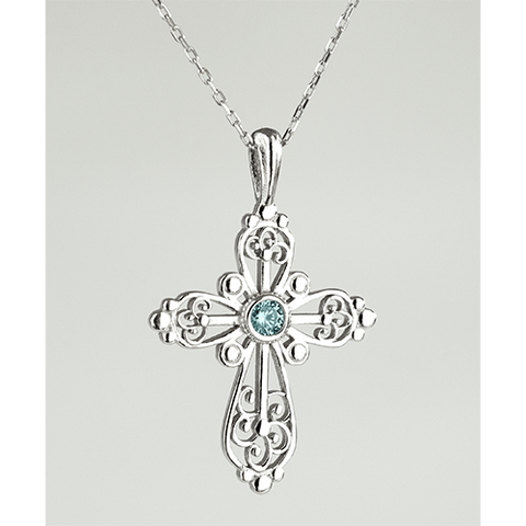 Sterling Silver Filigree Birthstone Cross Necklace - March