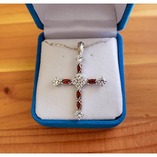 January, Garnet - Antique Birthstone Cross Pendant - With 18" Sterling Silver Chain