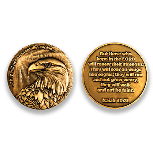 Front and back of Christian Eagle Antique Gold Plated Challenge Coin side by side