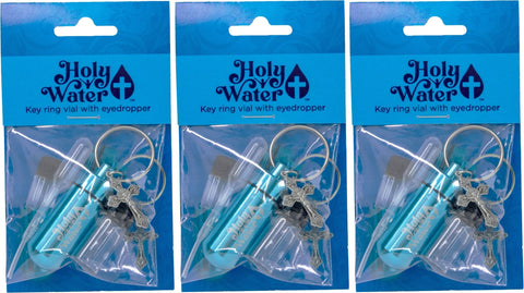 Catholic Holy Water Bottle Keychain Kit - Aqua, Bulk Set of 3