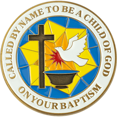 Front: Ornate dove and cross, with text "Called by name to be a child of God" / "On your baptism