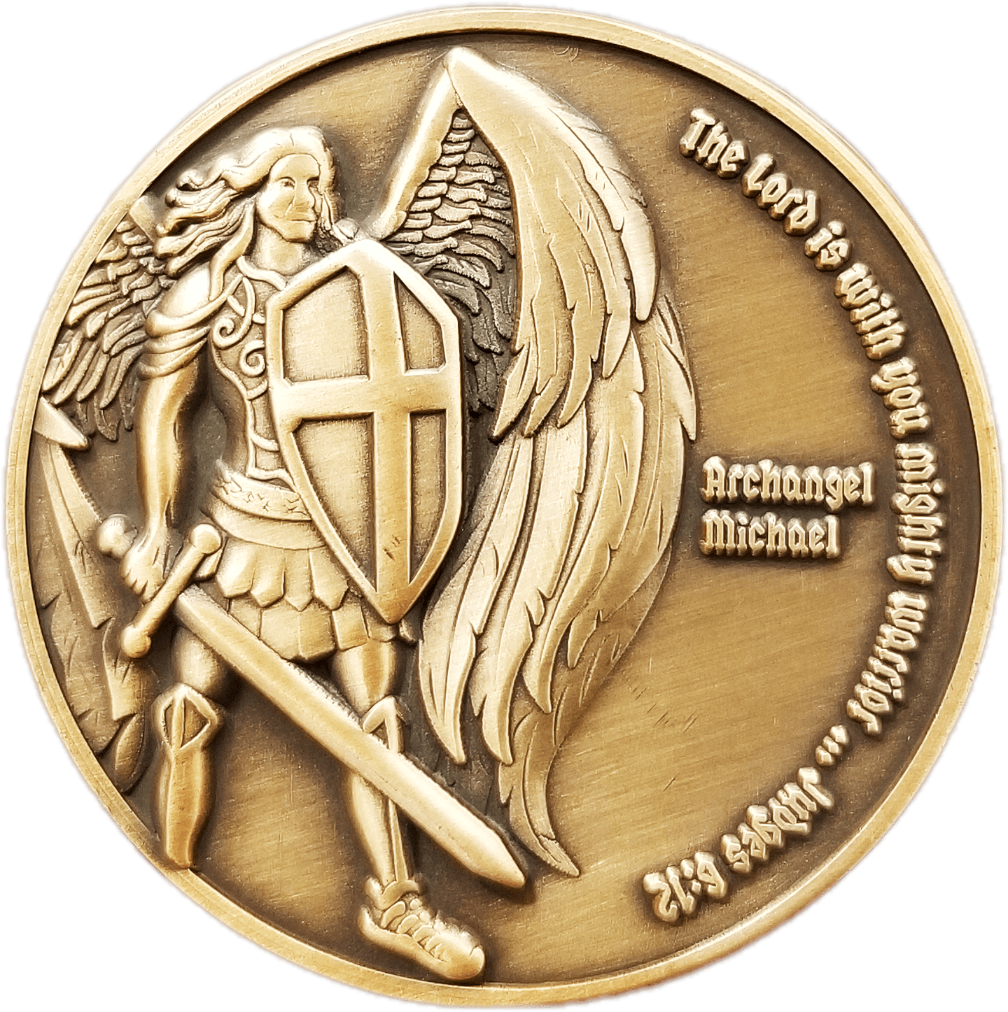 Front: Archangel Micheal with sword and shield, with text, "The Lord is with you mighty warrior... Judges 6:12"