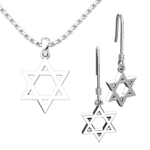 Star of David with Cross Set: Sterling Silver Pendant and Earrings