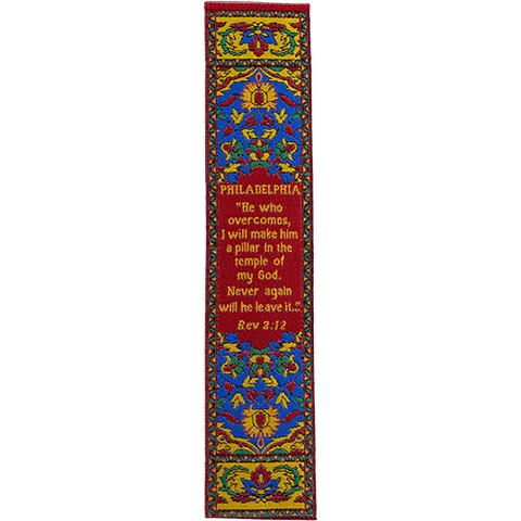 Woven Fabric Christian Bookmark: Philadelphia - Promises Of The Seven Churches Of Revelations - Revelations 3:12