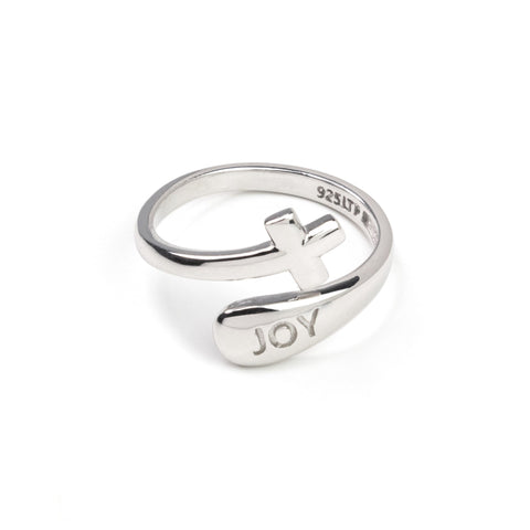 Sterling Silver Wrap Ring - Joy and Simple Cross, One Size Fits Most