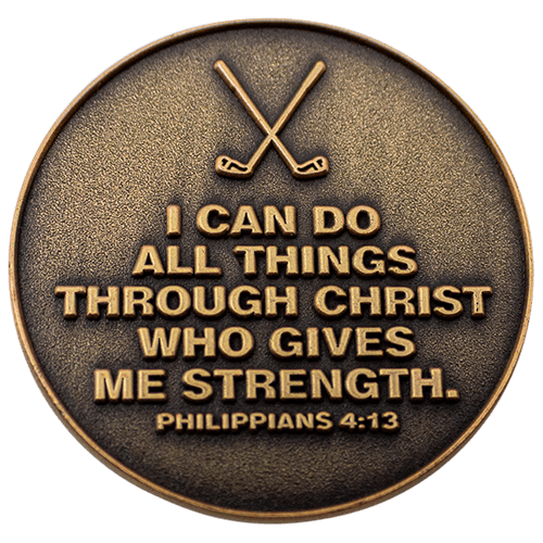 Back: Golf clubs, with text, "I can do all things through Christ who gives me strength. Philippians 4:13"