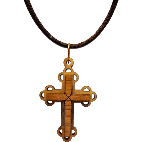 Olive Wood Raised Filigree Bottony Cross Necklace