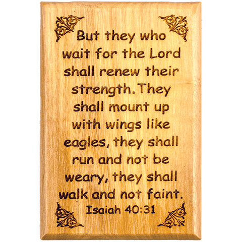 Bible Verse Fridge Magnets, Wings Like Eagles - Isaiah 40:31, 1.6" x 2.5" Olive Wood Religious Motivational Faith Magnets from Bethlehem, Home, Kitchen, & Office, Inspirational Scripture Décor front
