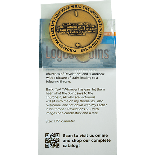 back of Laodicea, Seven Churches of Revelation Antique Gold Plated Challenge Coin in packaging