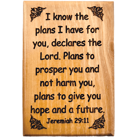 Bible Verse Fridge Magnets, I Know the Plans - Jeremiah 29:11, 1.6" x 2.5" Olive Wood Religious Motivational Faith Magnets from Bethlehem, Home, Kitchen, & Office, Inspirational Scripture Décor front
