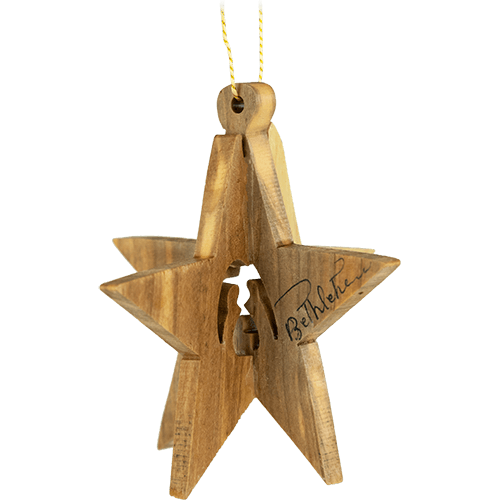 Holy family star nativity 3-dimensional olive wood ornament from Israel