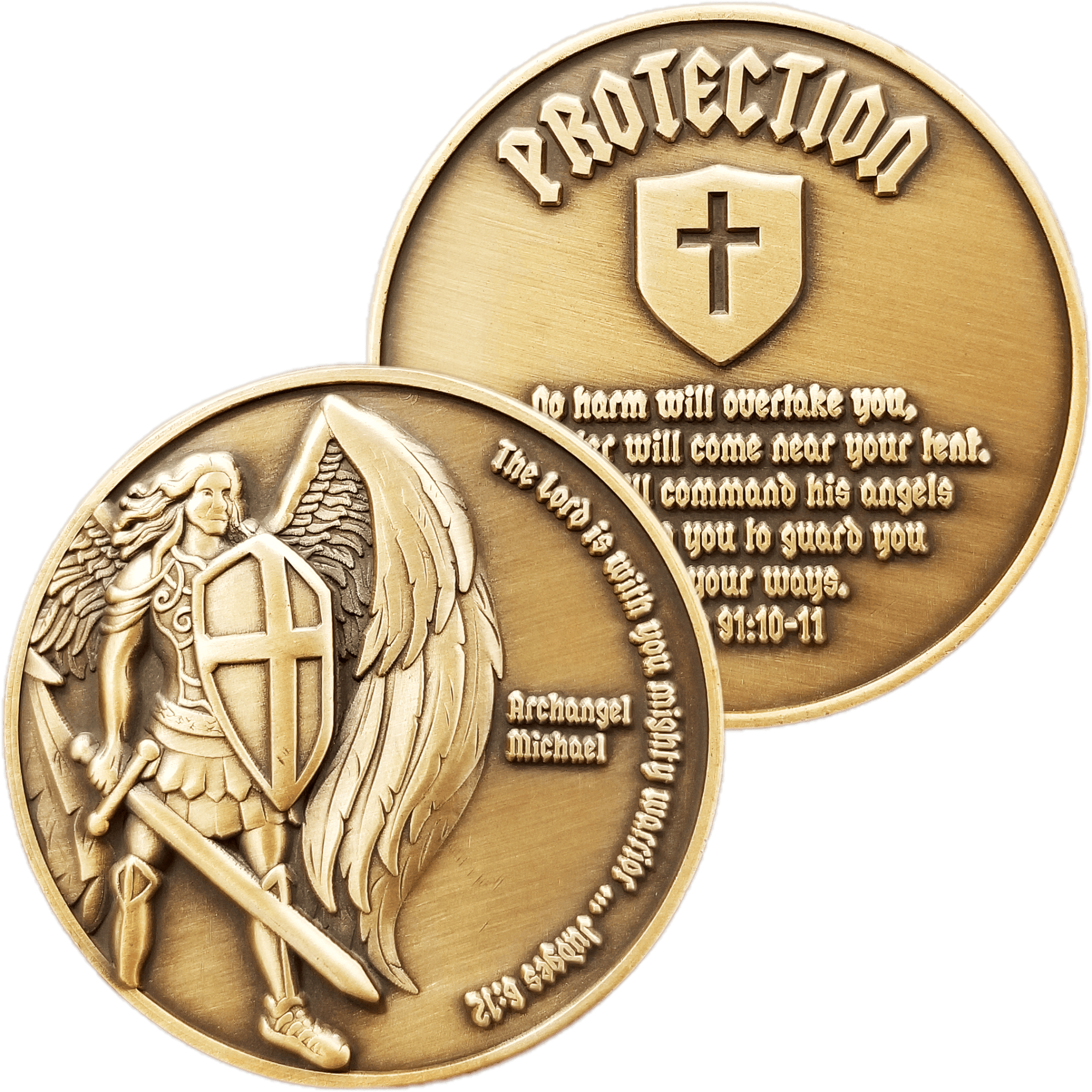 Front and back of  Archangel Michael Antique Gold Plated Christian Protection Coin