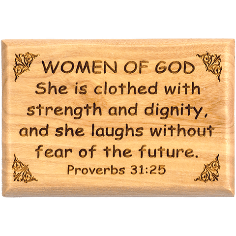 Bible Verse Fridge Magnets, Women of God - Proverbs 31:25, 1.6" x 2.5" Olive Wood Religious Motivational Faith Magnets from Bethlehem, Home, Kitchen, & Office, Inspirational Scripture Décor front