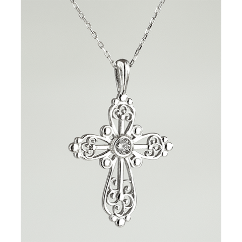 Sterling Silver Filigree Birthstone Cross Necklace - April