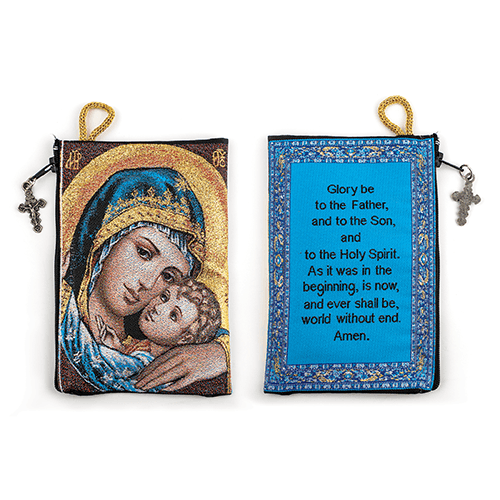 Woven Tapestry Rosary Pouch, Jewelry & Coin Purse - Madonna and Child & Glory Be to the Father
