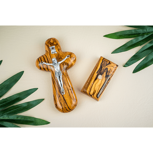 Olive Wood Comfort Cross with Crucifix & Tabletop Stand, Pocket Prayer Token from Israel