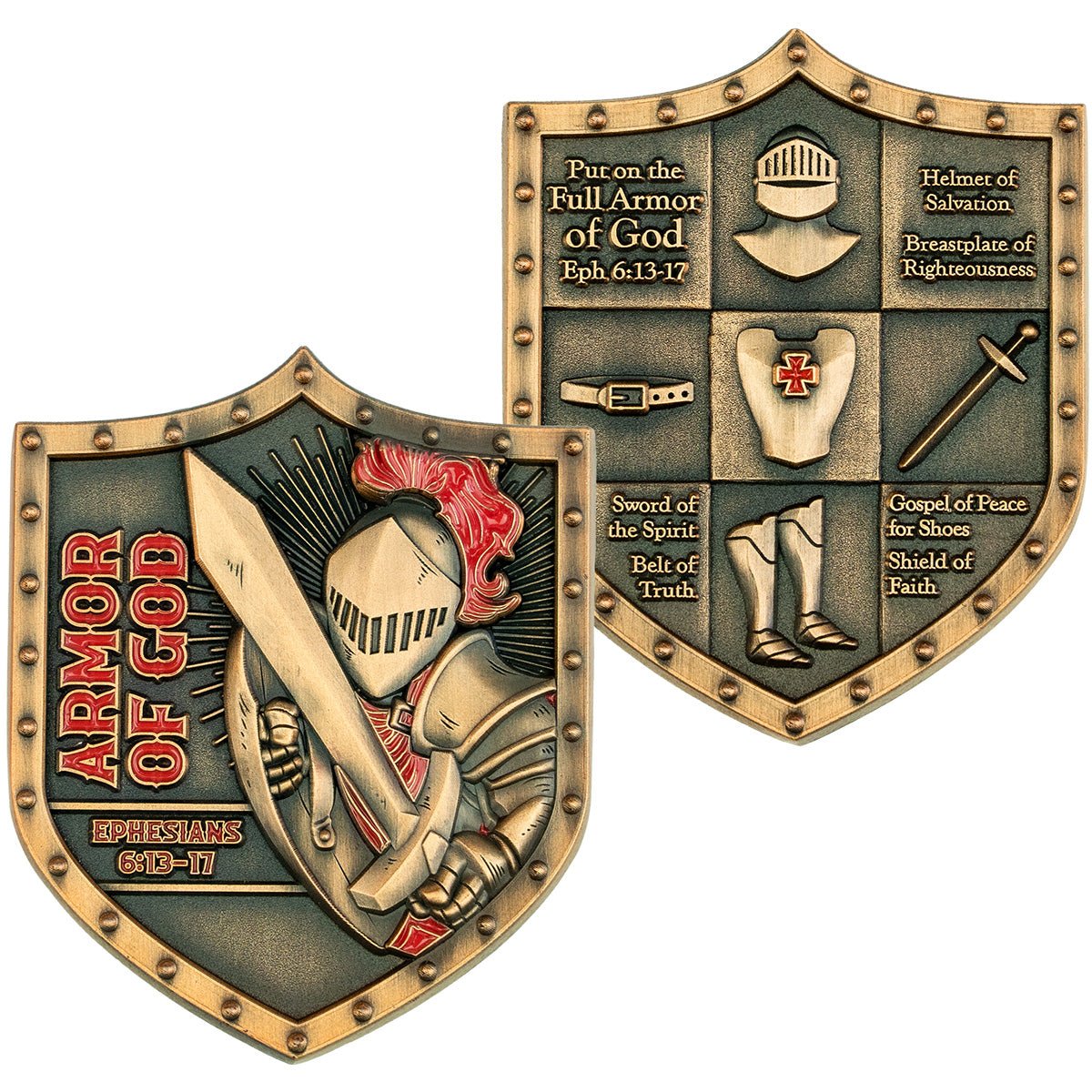 Front and Back of Armor of God Shield Challenge Coin