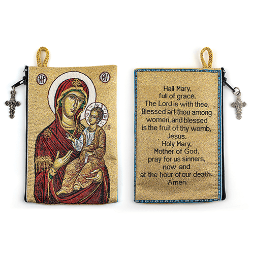 Woven Tapestry Rosary Pouch, Jewelry & Coin Purse - Virgin Mary and Child & Hail Mary Prayer