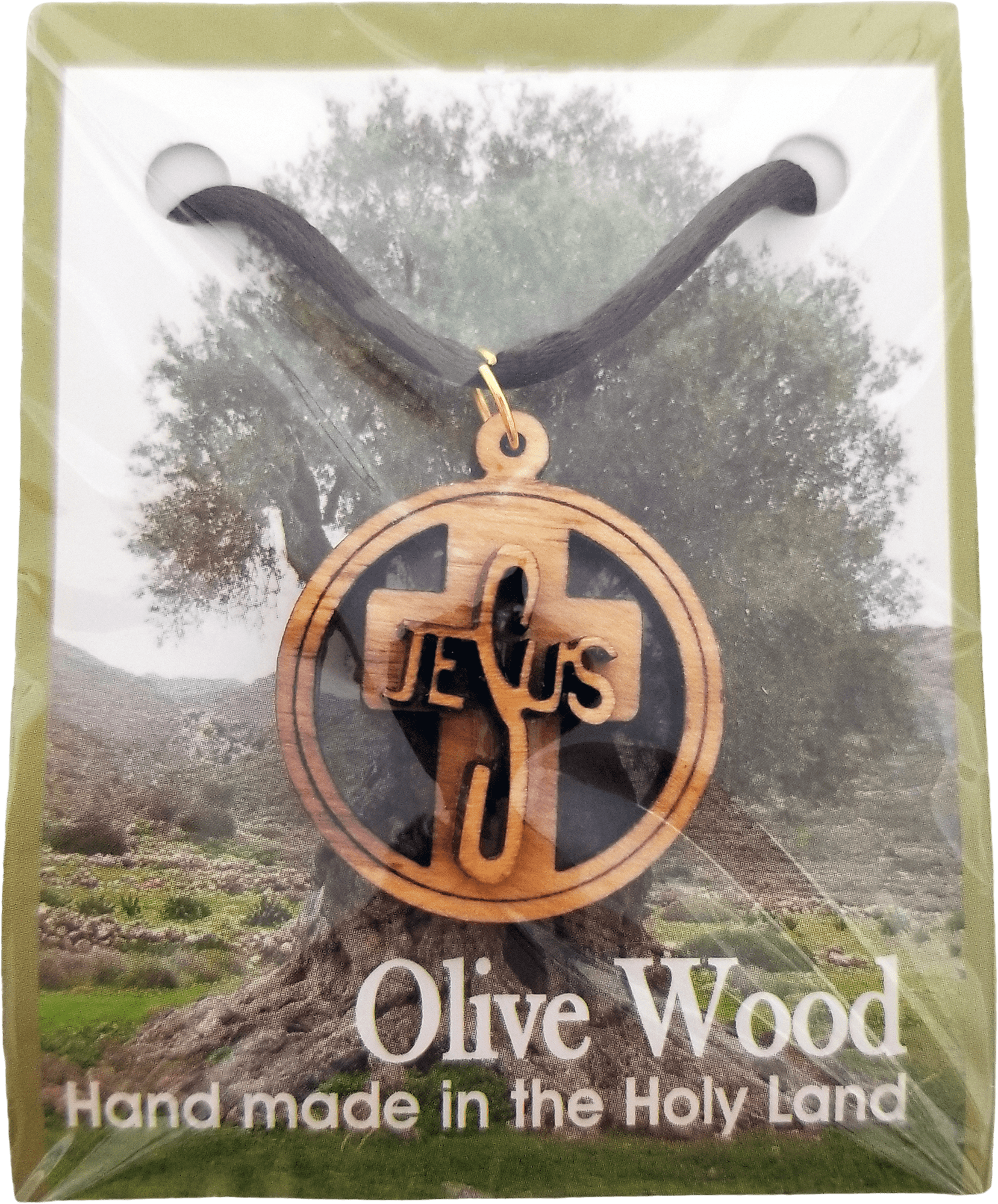 Olive Wood 3D Jesus Cross Round Necklace