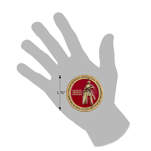 Hand size comparison of Armor of God Antique Gold-Plated Religious Challenge Coin