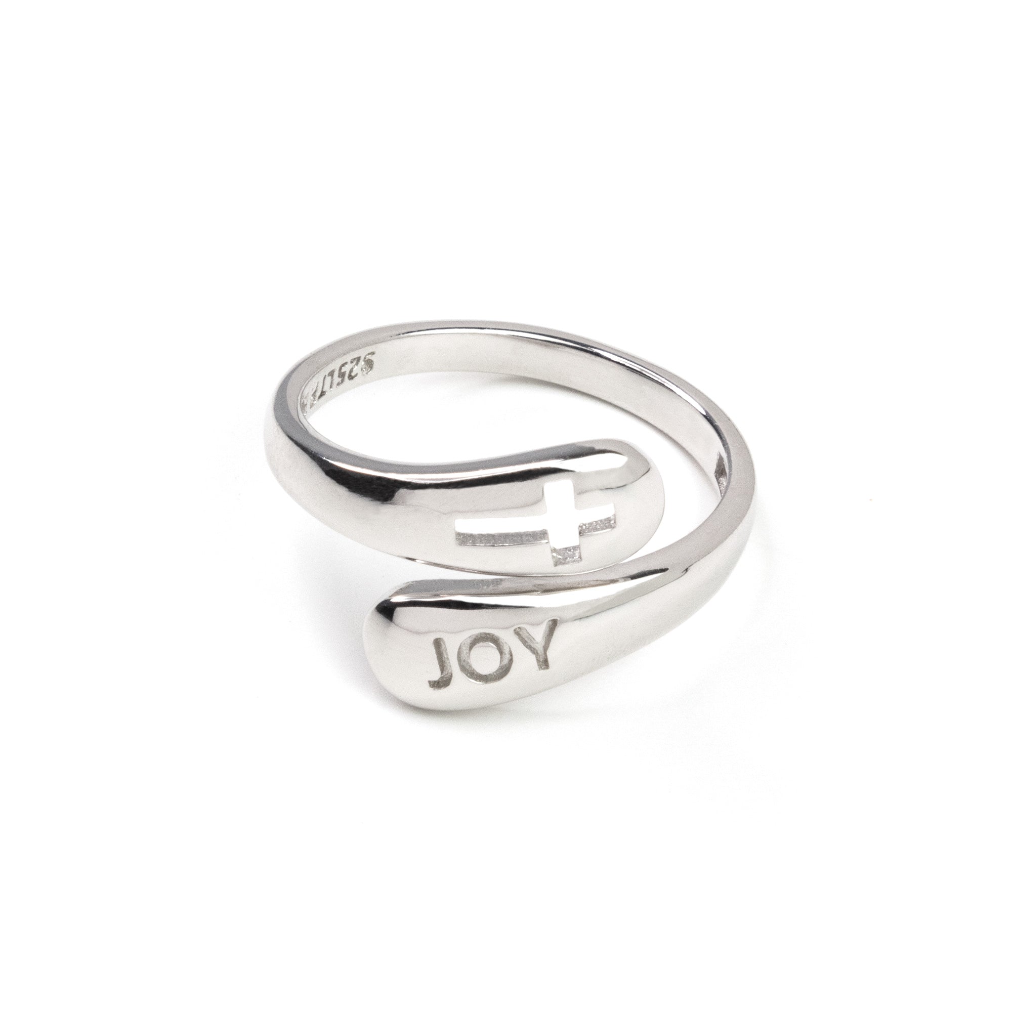 Sterling Silver Wrap Ring - Joy and Cut Out Cross, One Size Fits Most