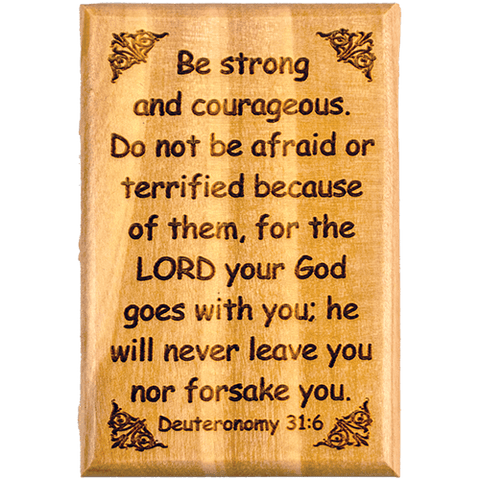 Bible Verse Fridge Magnets, Strong & Courageous - Deuteronomy 31:6, 1.6" x 2.5" Olive Wood Religious Motivational Faith Magnets from Bethlehem, Home, Kitchen, & Office, Inspirational Scripture Décor front