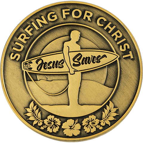 Surfing for Christ Antique Gold Plated Challenge Coin