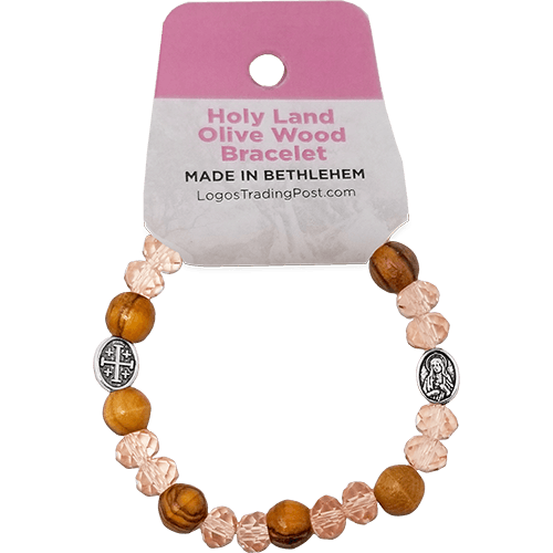 Olive Wood Stretch Bracelet, Pink Beads and Jerusalem Cross, Virgin Mary