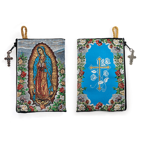 Woven Tapestry Rosary Pouch, Jewelry & Coin Purse - Our Lady of Guadalupe & Cross with Flowers