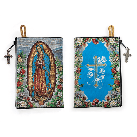 Woven Tapestry Rosary Pouch, Jewelry & Coin Purse - Our Lady of Guadalupe & Cross with Flowers