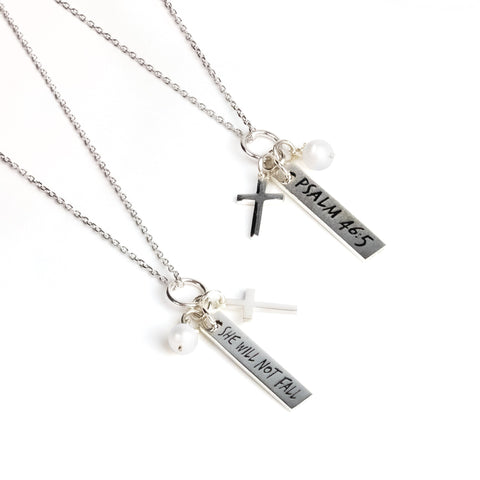 She Will Not Fall, Sterling Silver Scripture Cross Necklace
