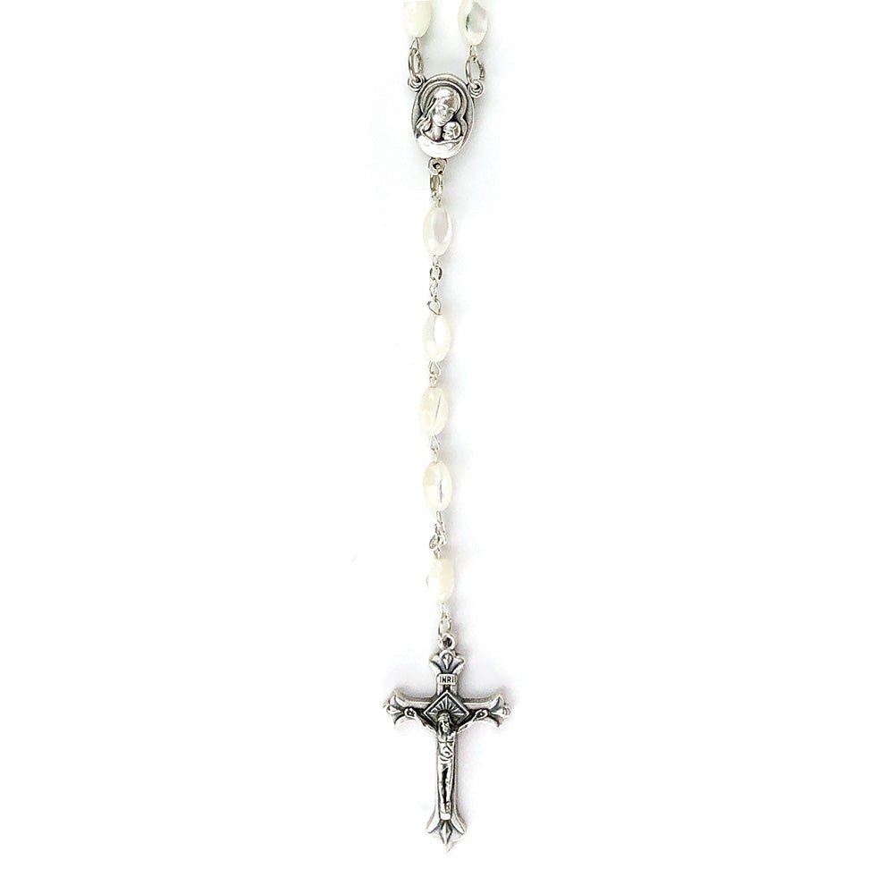 Mother of Pearl Catholic Rosary, Virgin Mary & Baby Jesus Medal
