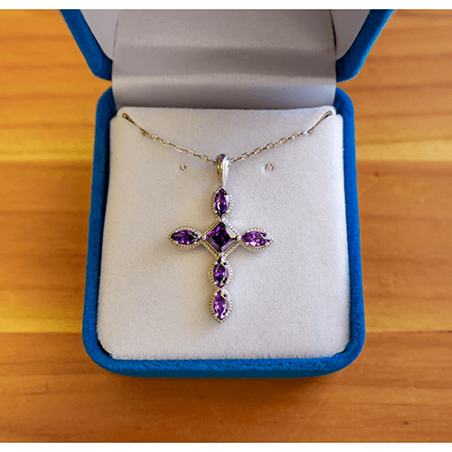 February Amethyst Antique Birthstone Cross Pendant - With 18" Sterling Silver Chain in a velvet box