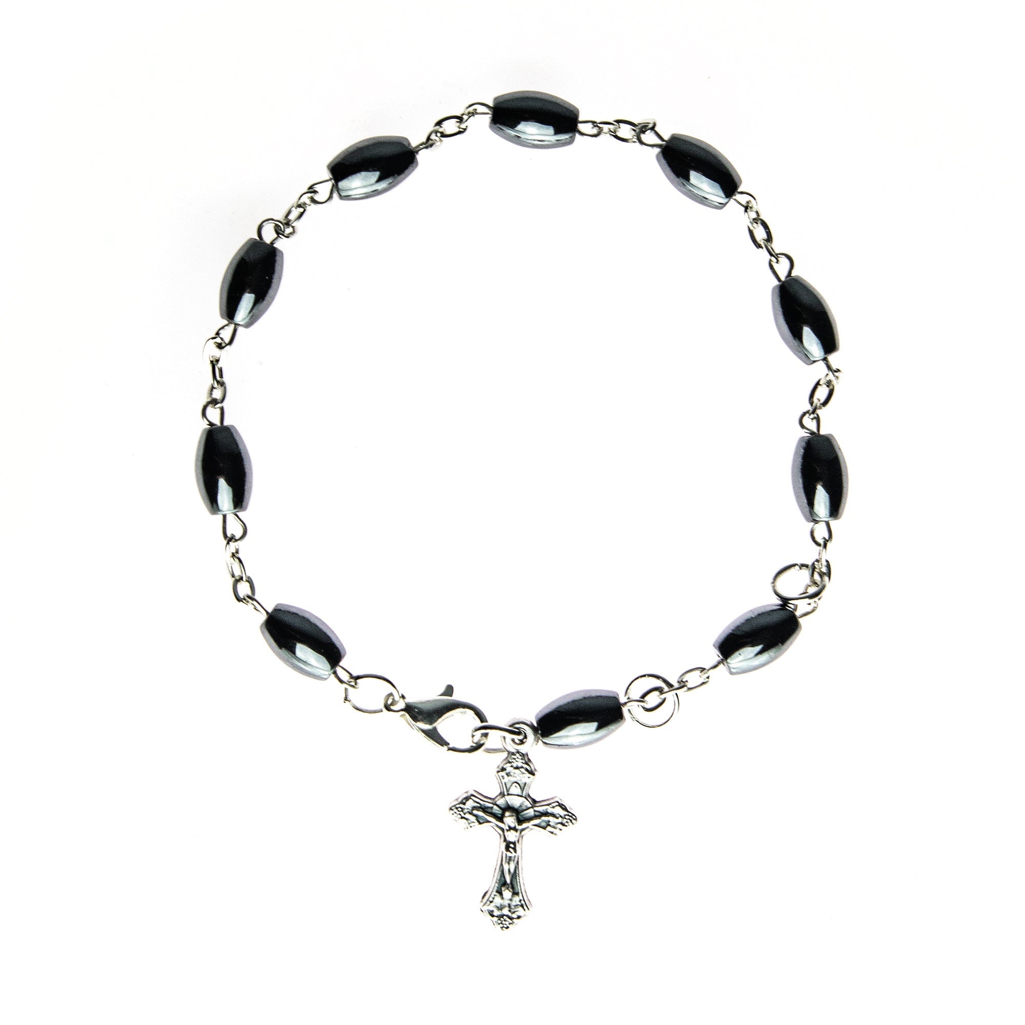 One Decade Hematite Catholic Rosary Charm Bracelet with Crucifix Cross Pendant Charm
