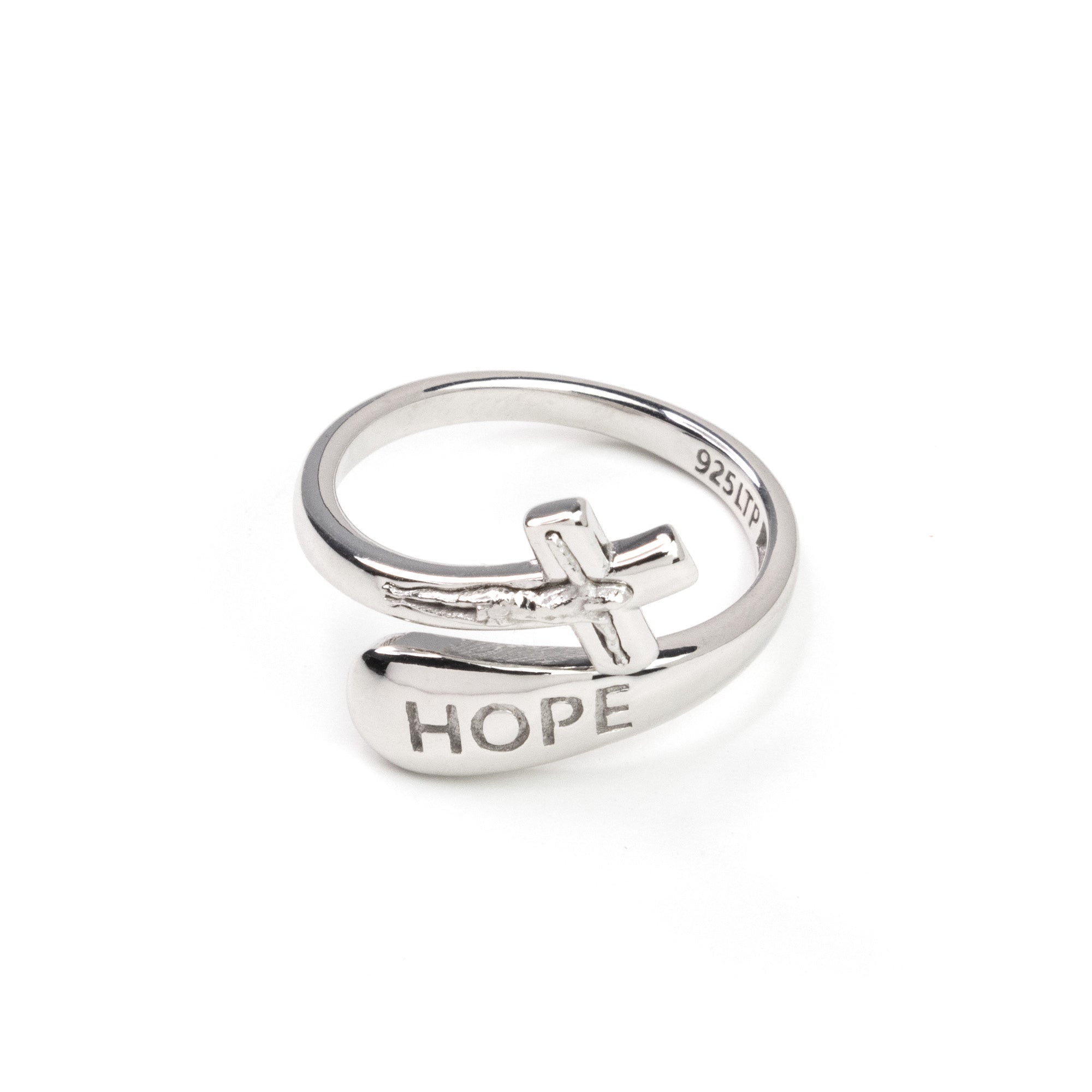 Sterling Silver Wrap Ring - Hope and Crucifix, One Size Fits Most