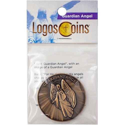 front of Guardian Angel Christian Antique Gold Plated Challenge Coin in packaging