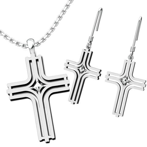 Radiant Cross Set: Sterling Silver Pendant and Earrings