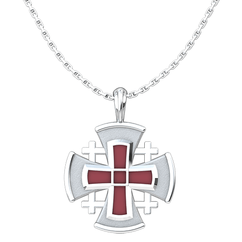 Jerusalem Cross with Red Enamel Pendant with 18" Sterling Silver Chain