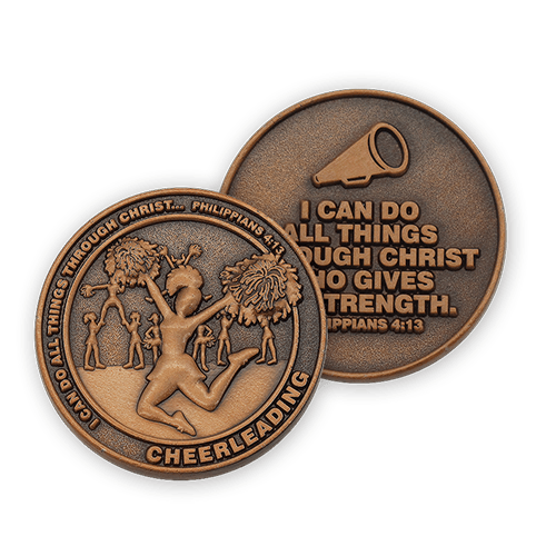 front and back of Christian cheerleading challenge coin