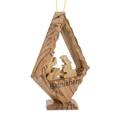 Olive Wood 3D Manger Scene in Diamond Shaped Stand