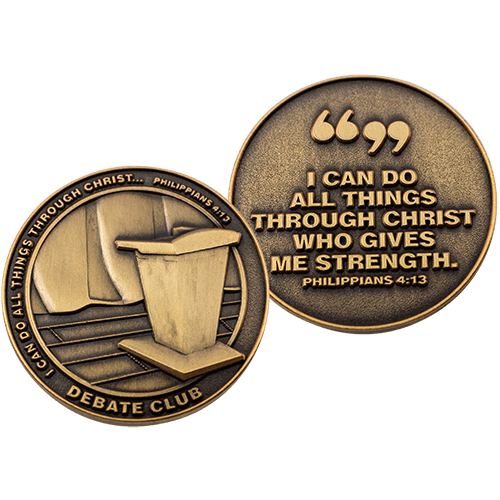 Front and back of Debate Club Christian Antique Gold Plated School Coin 