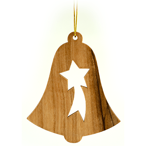front view of single shooting star bell olive wood ornament with gold hanging string