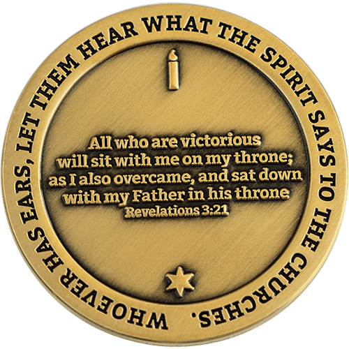 Back: Candle and Star of David, with text "Whoever has ears, let them hear what the Spirit says to the churches." / "All who are victorious will sit with me on my throne; as I also overcame, and sat down with my Father in his throne. Revelations 3:21"