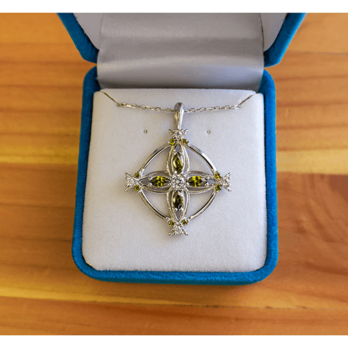 August Peridot Antique Birthstone Cross Pendant - With 18" Sterling Silver Chain in a velvet box