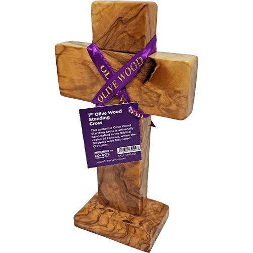 Holy Land 7" Genuine Olive Wood Standing Cross pivoted left with purple ribbon