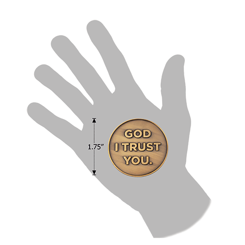 God I Trust You Christian Antique Gold Plated Challenge Coin  in a hand for size comparison